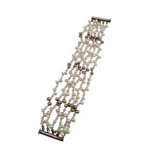 Vintage Pearl Crystal & Sterling 6 Strand Bracelet (A9204)